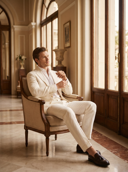 Off-White Linen Suit — Custom Made to Measure - seated view