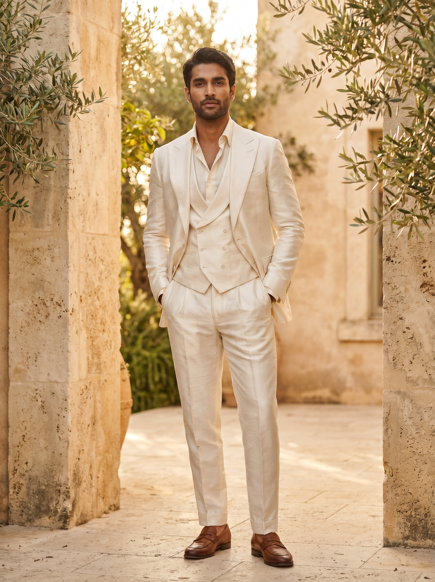 Off-White Silk Blend 3-Piece Suit — Custom Made to Measure - front view