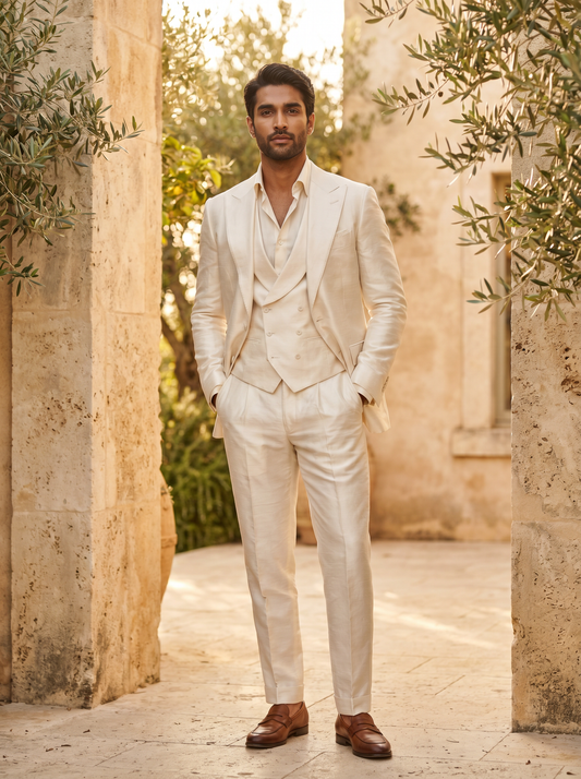 Off-White Silk Blend 3-Piece Suit — Custom Made to Measure - front view