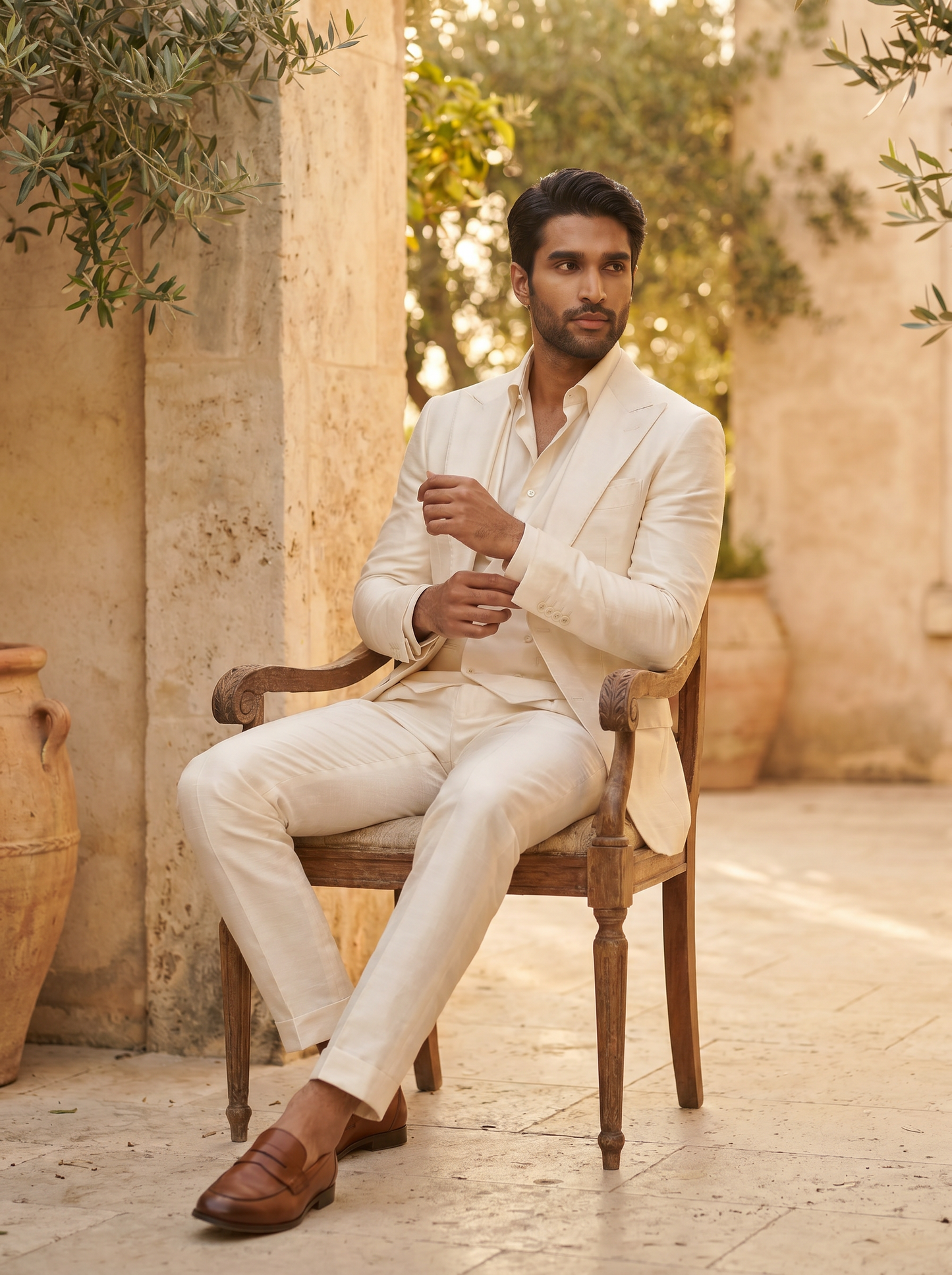 Off-White Silk Blend 3-Piece Suit — Custom Made to Measure - seated view