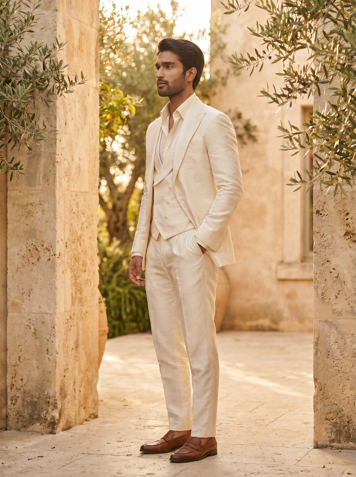 Off-White Silk Blend 3-Piece Suit — Custom Made to Measure - side view