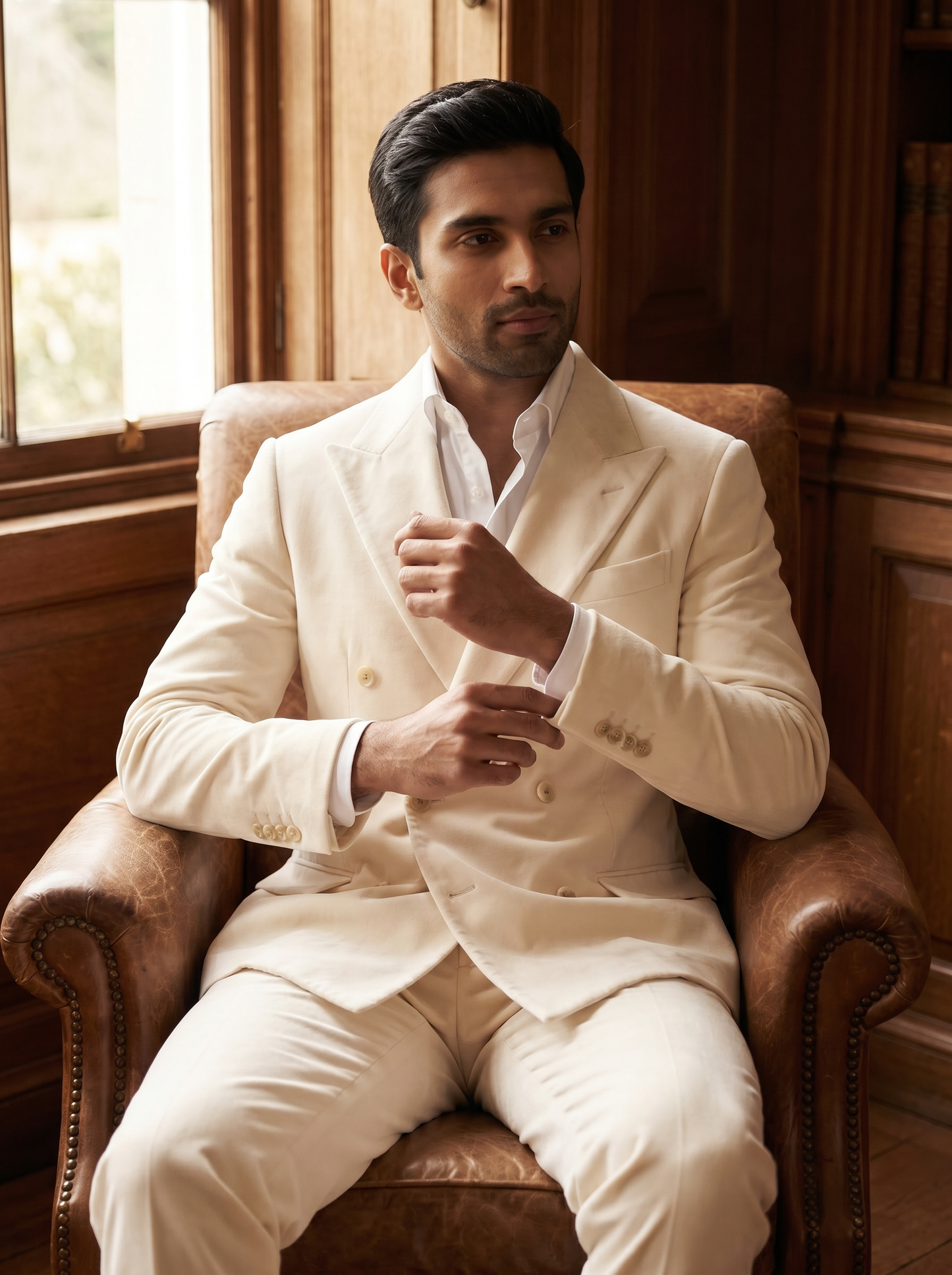 Off-White Velvet Double Breasted Suit — Custom Made to Measure - seated view