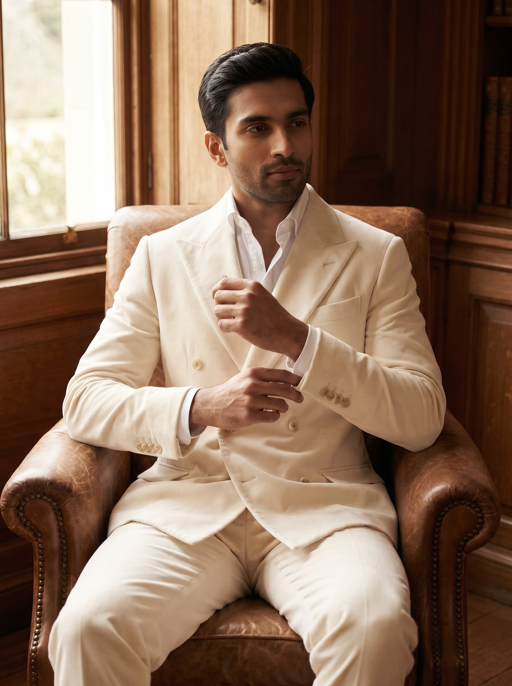 Off-White Velvet Double Breasted Suit — Custom Made to Measure - seated view