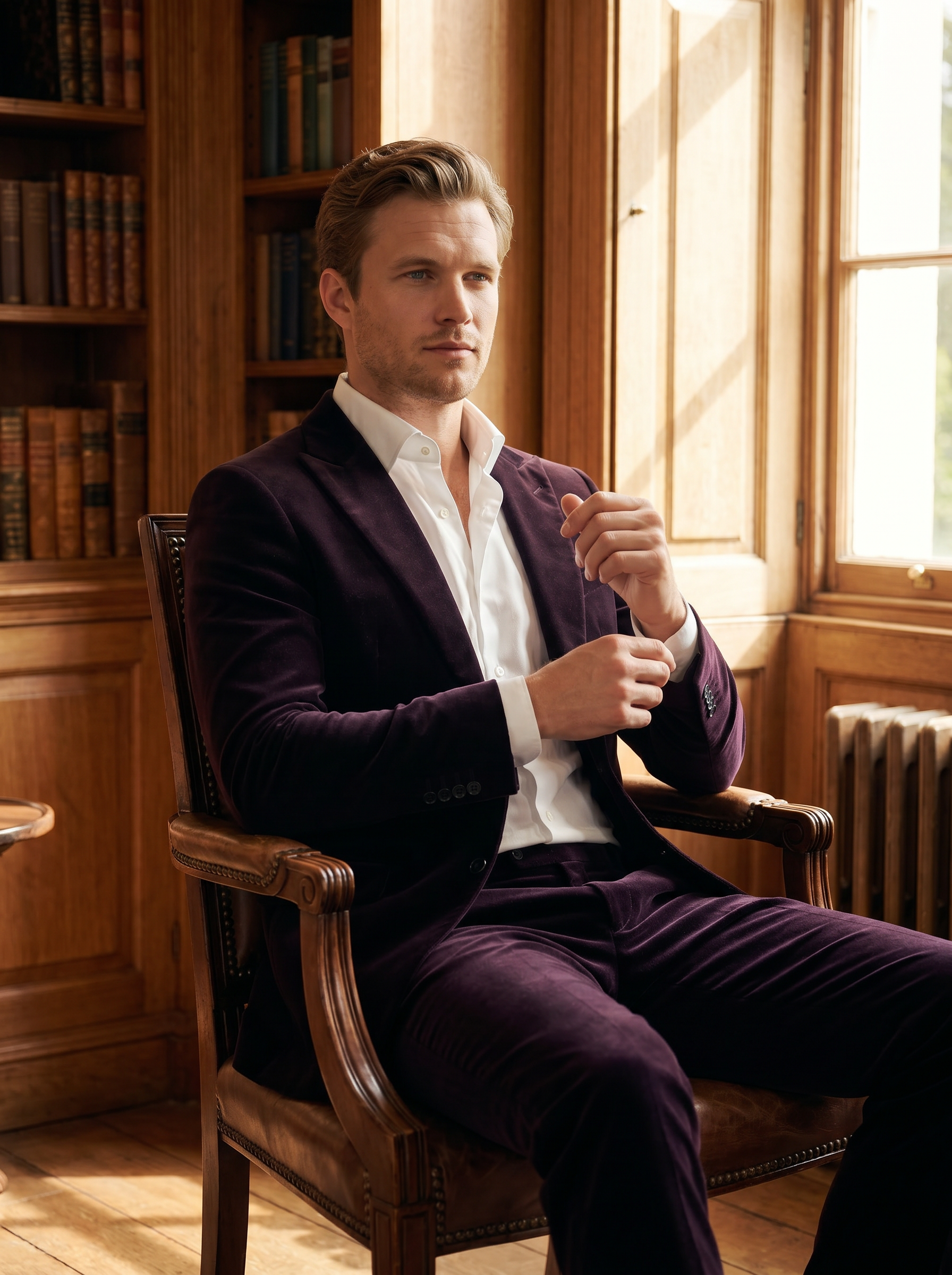 Off-White Velvet Suit — Custom Made to Measure - seated view