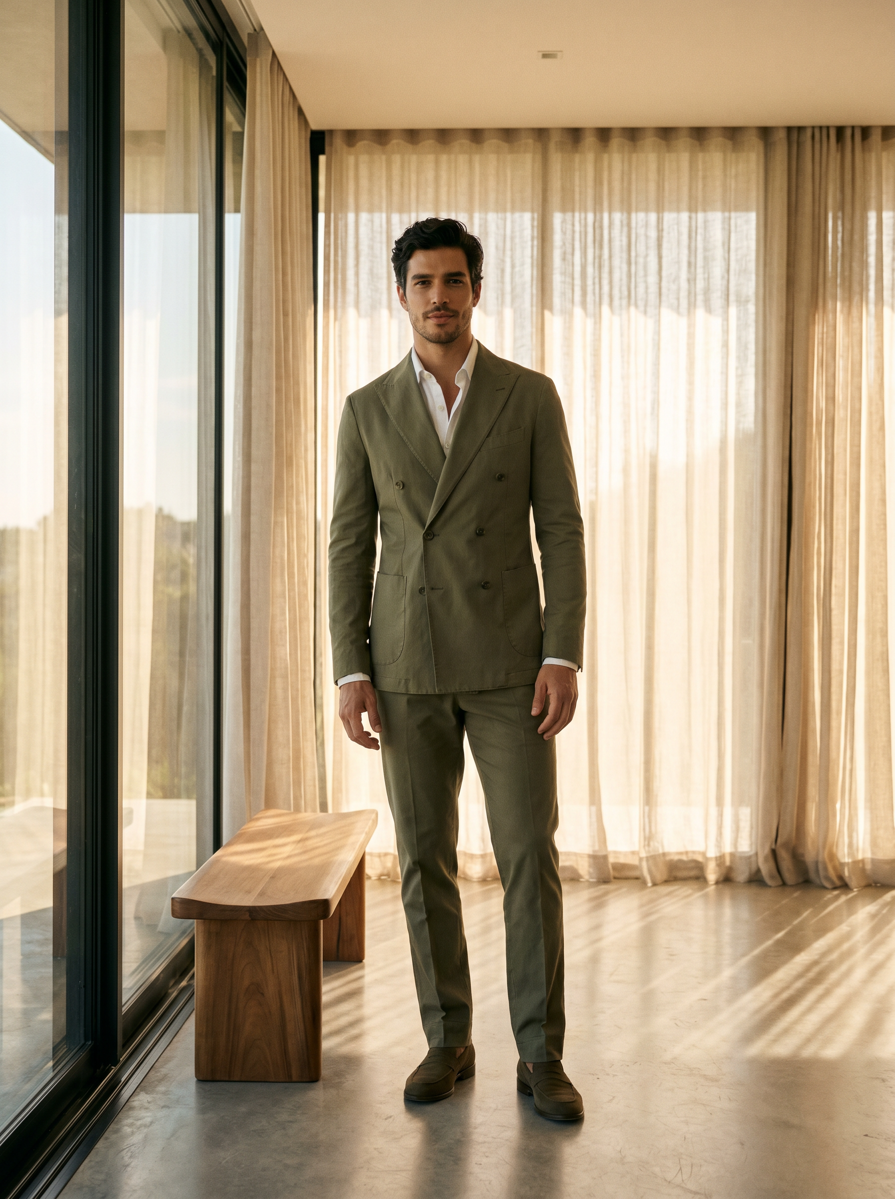 Olive Cotton Double Breasted Suit — Custom Made to Measure - front view