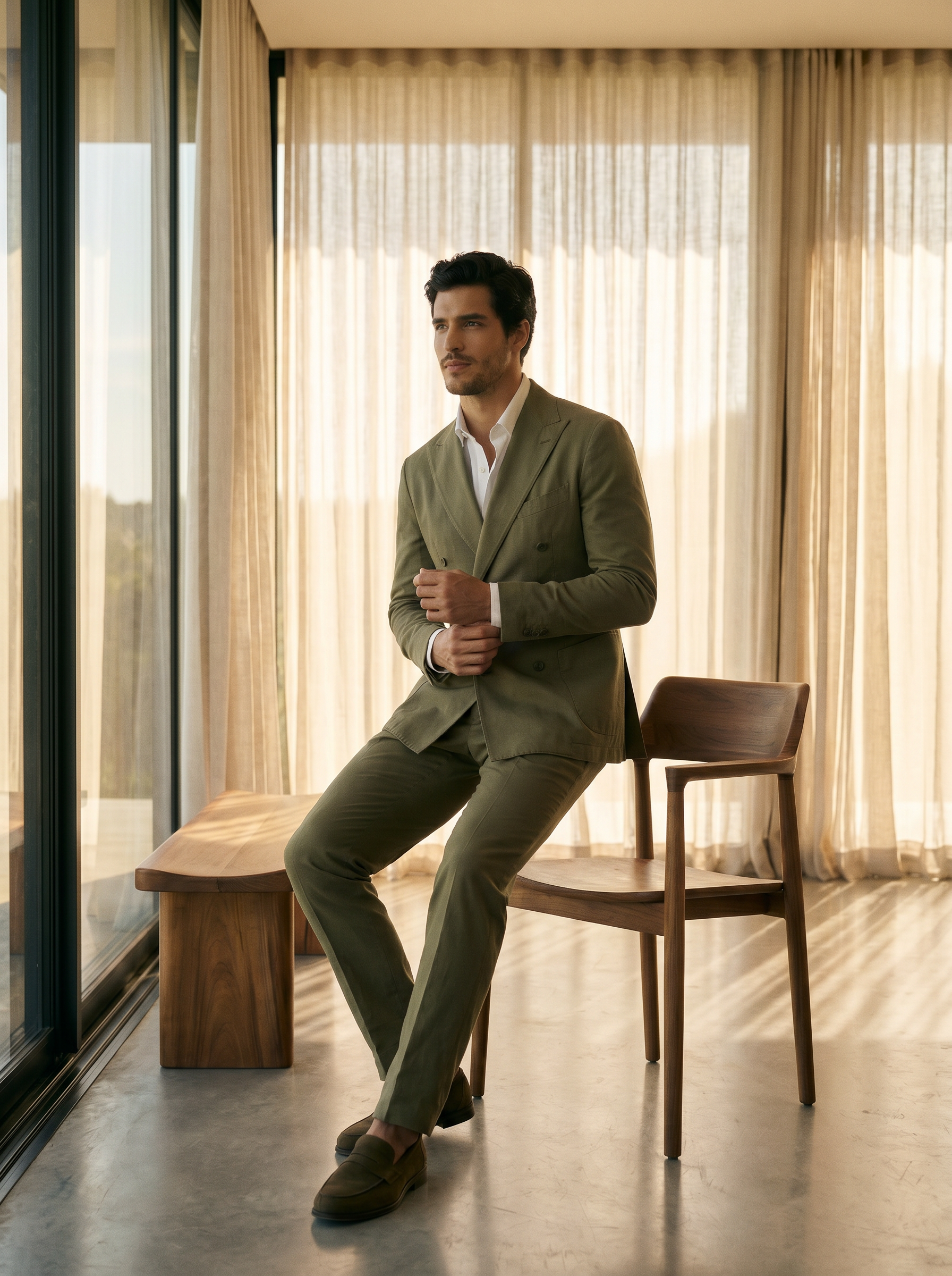 Olive Cotton Double Breasted Suit — Custom Made to Measure - seated view