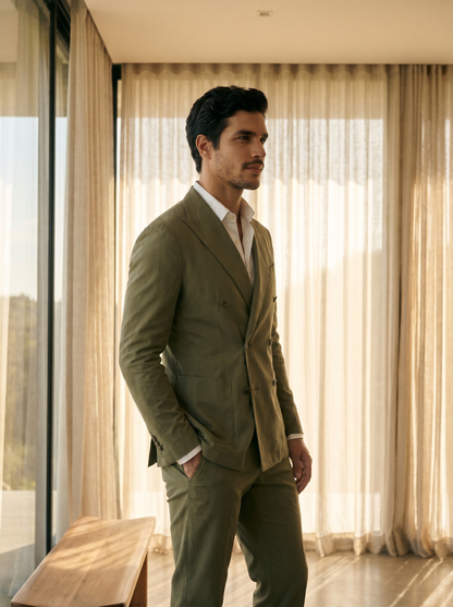 Olive Cotton Double Breasted Suit — Custom Made to Measure - side view