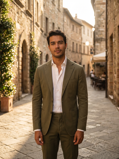 Olive Cotton Groomsmen Suit — Custom Made to Measure - front view