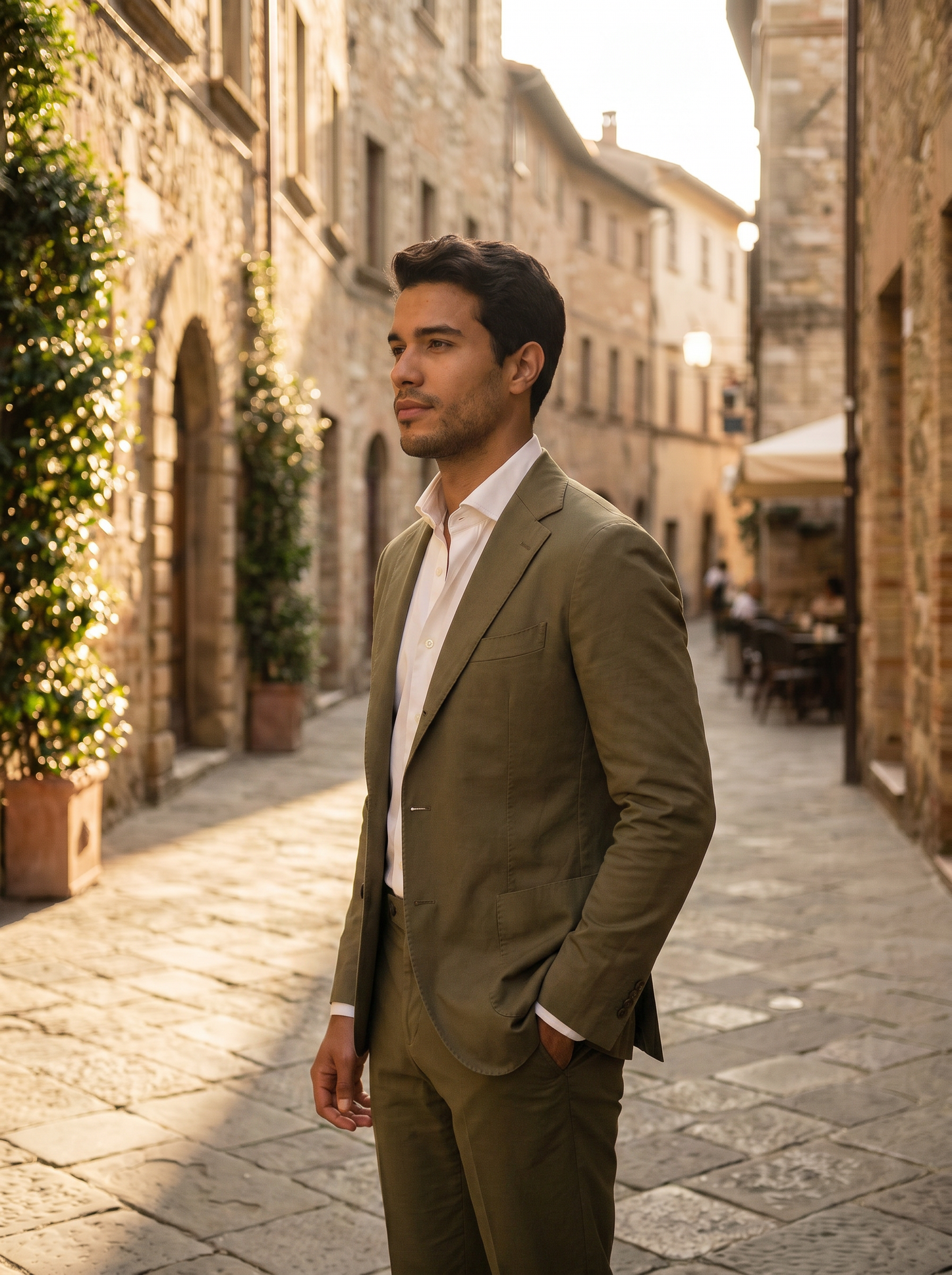 Olive Cotton Groomsmen Suit — Custom Made to Measure - side view