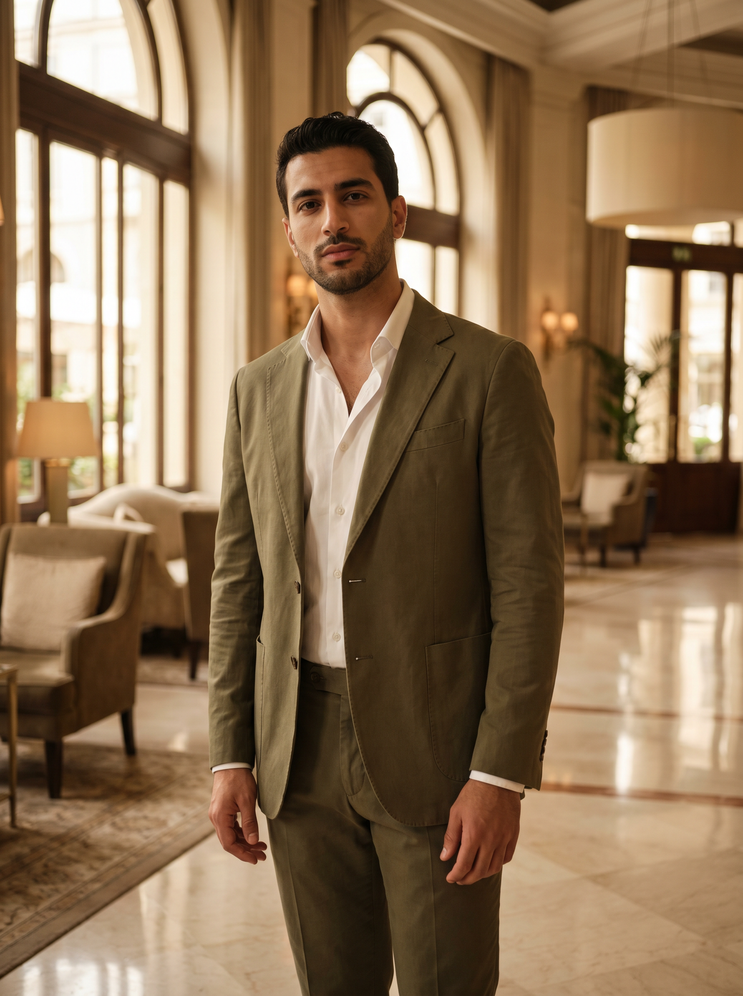 Olive Cotton Suit — Custom Made to Measure - front view