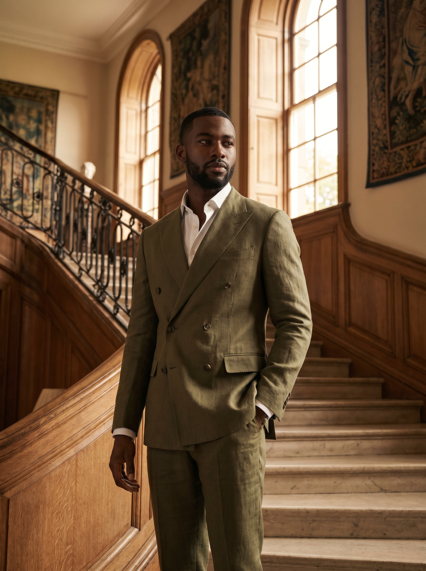 Olive Linen Double Breasted Suit — Custom Made to Measure - front view