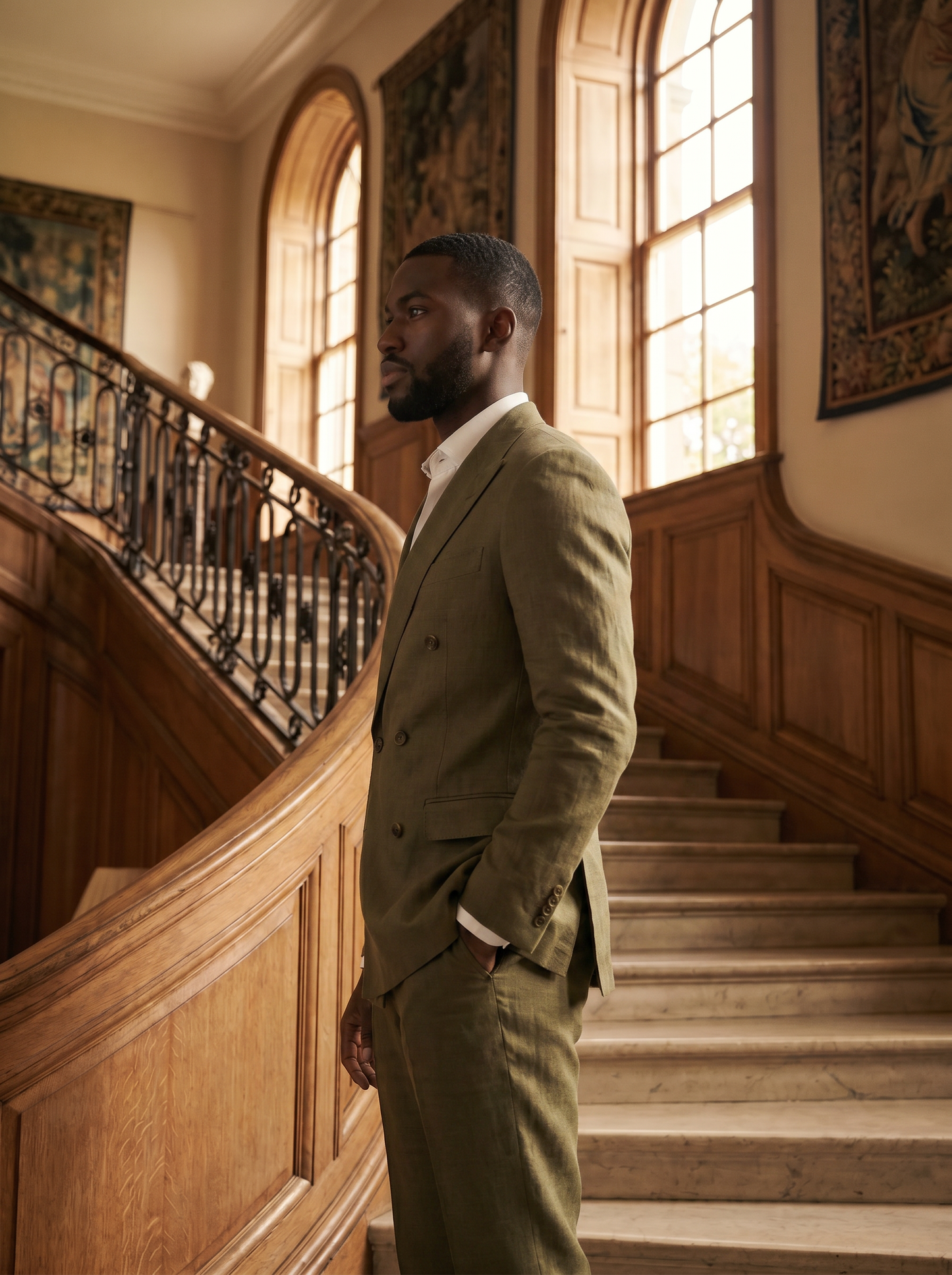 Olive Linen Double Breasted Suit — Custom Made to Measure - side view