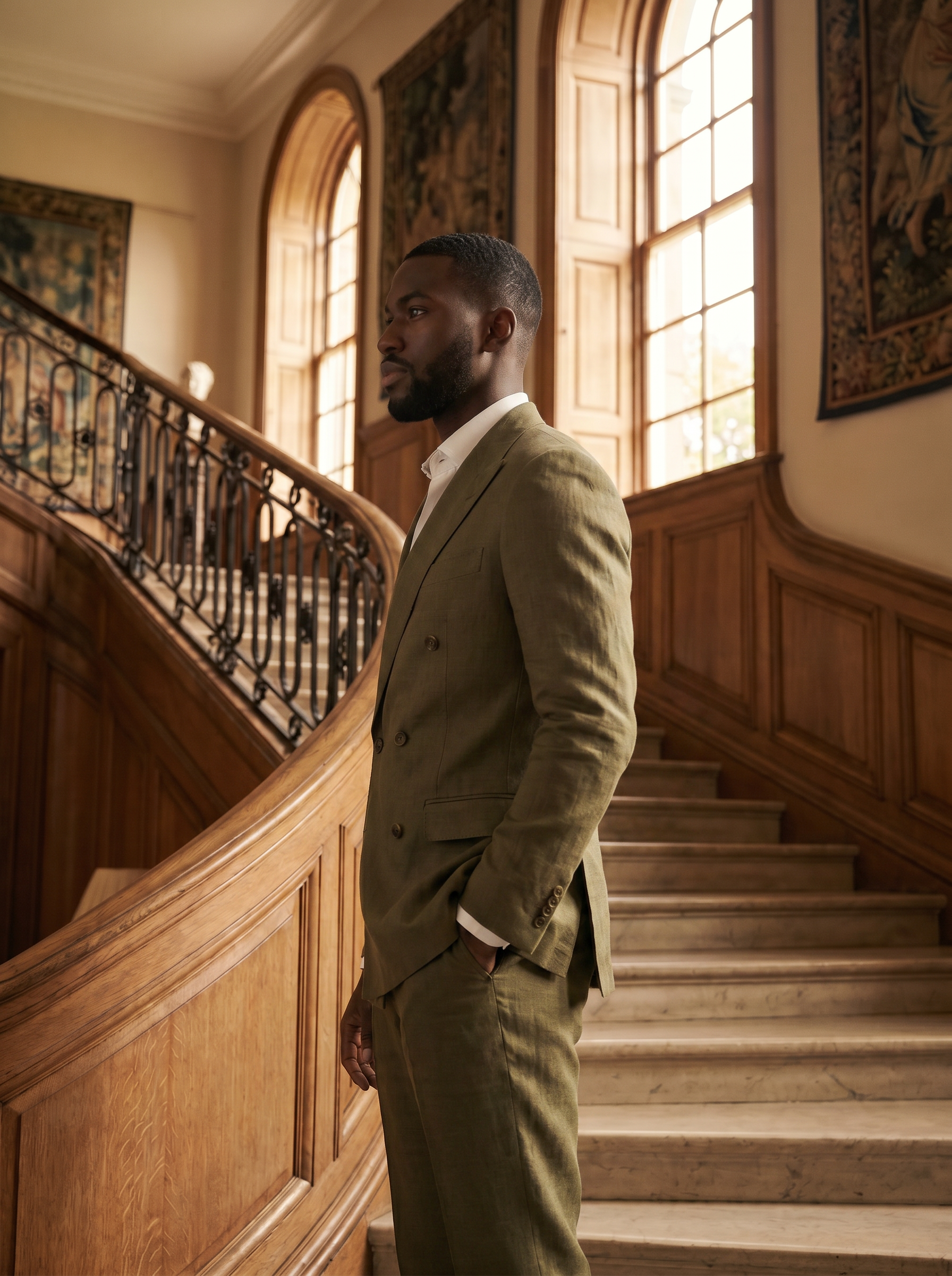 Olive Linen Double Breasted Suit — Custom Made to Measure - side view