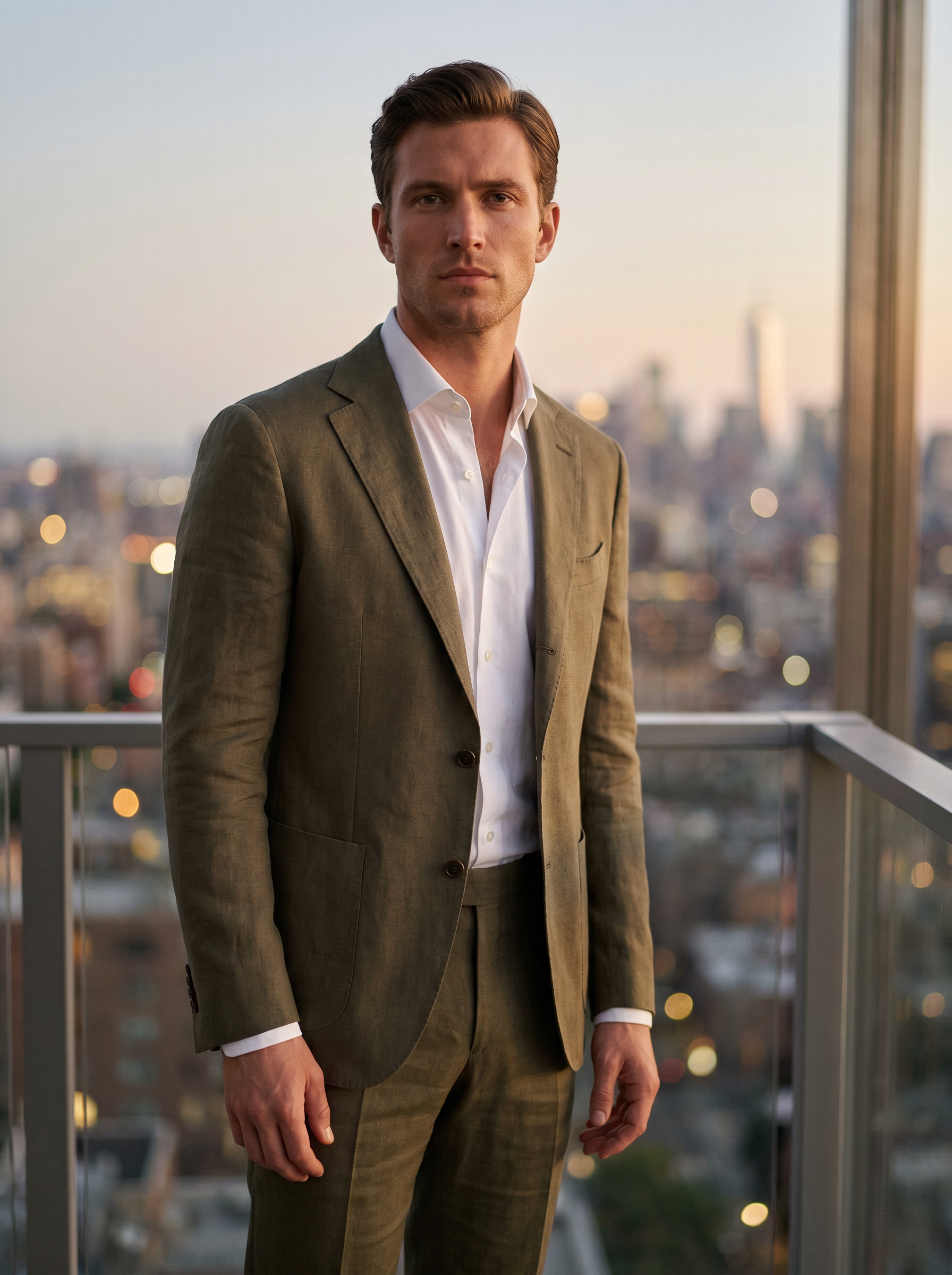 Olive Linen Groomsmen Suit — Custom Made to Measure - front view