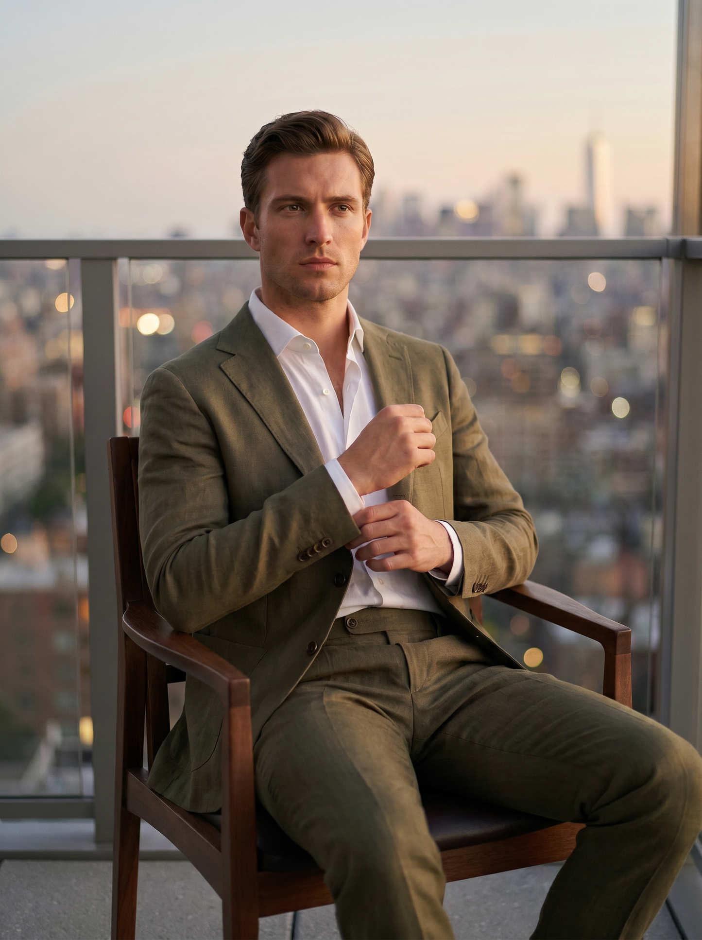 Olive Linen Groomsmen Suit — Custom Made to Measure - seated view