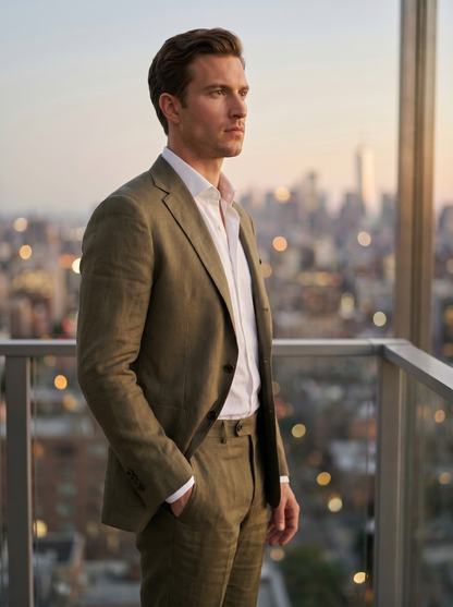 Olive Linen Groomsmen Suit — Custom Made to Measure - side view