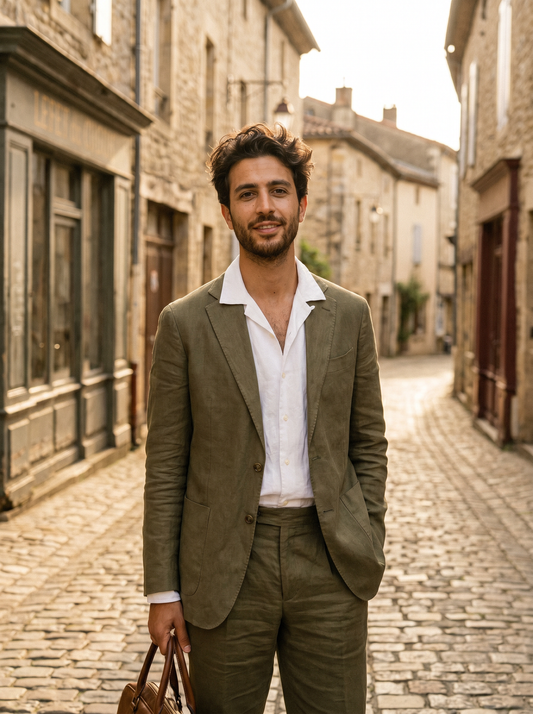 Olive Linen Suit — Custom Made to Measure - front view