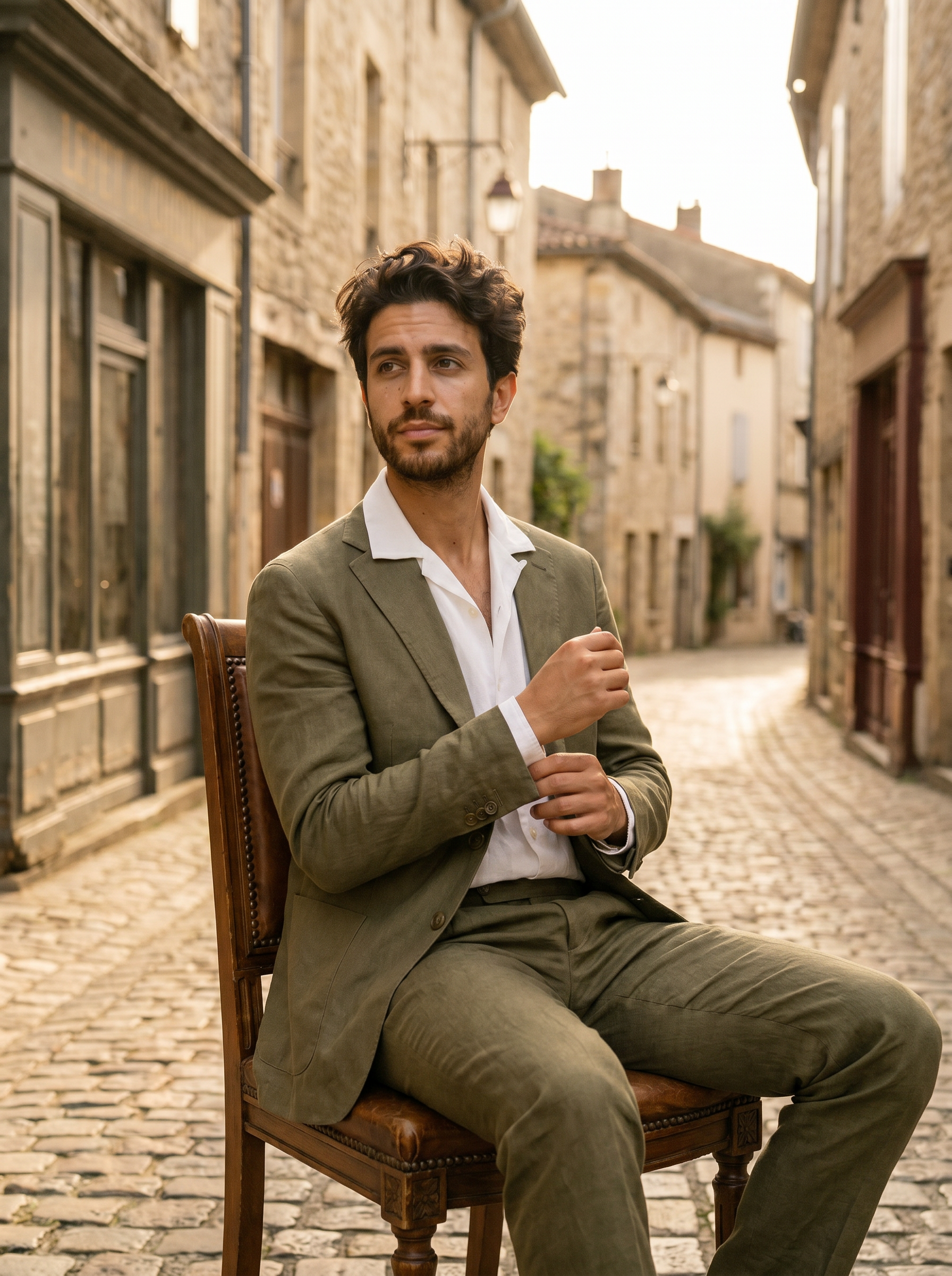 Olive Linen Suit — Custom Made to Measure - seated view