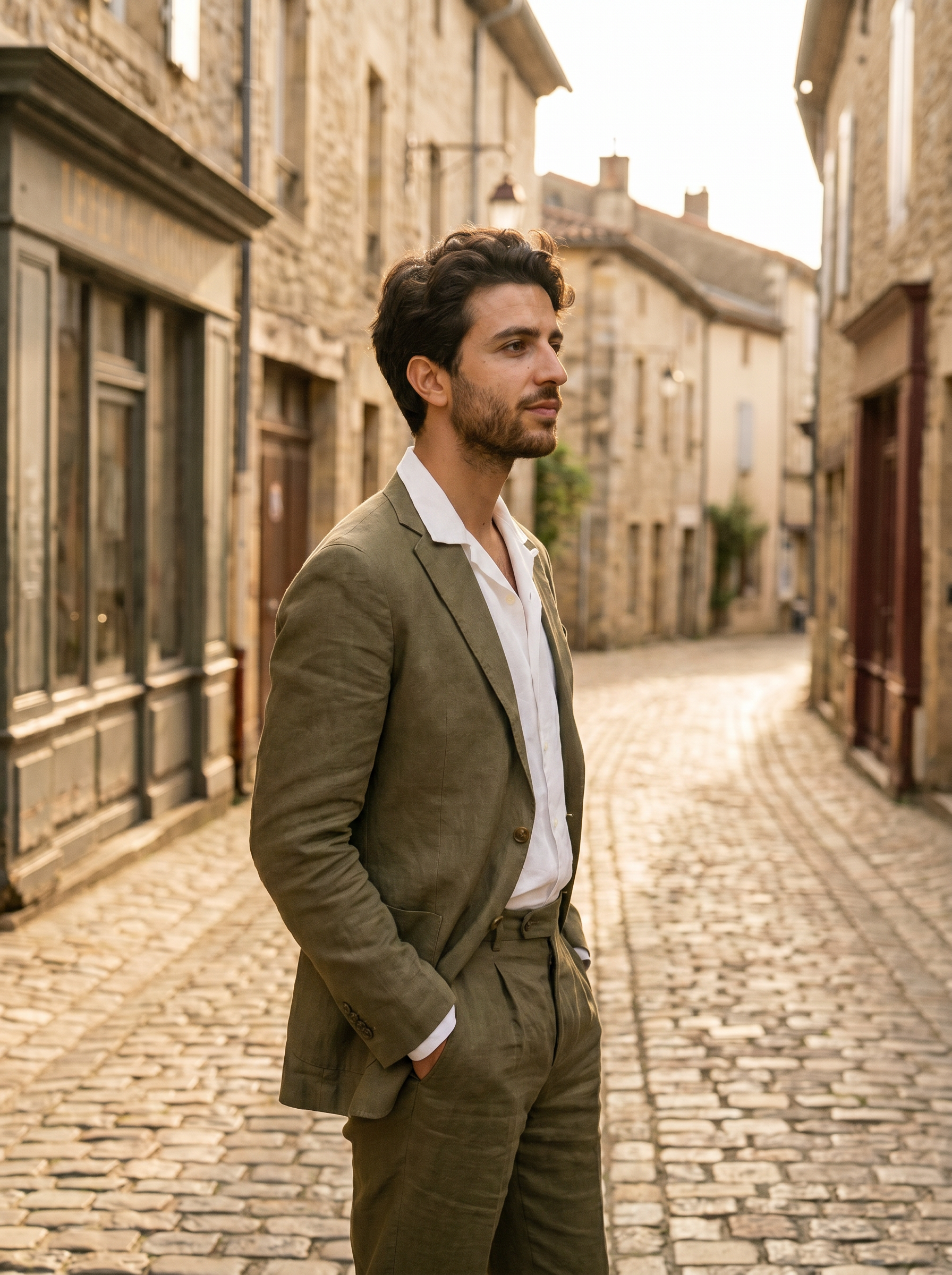 Olive Linen Suit — Custom Made to Measure - side view