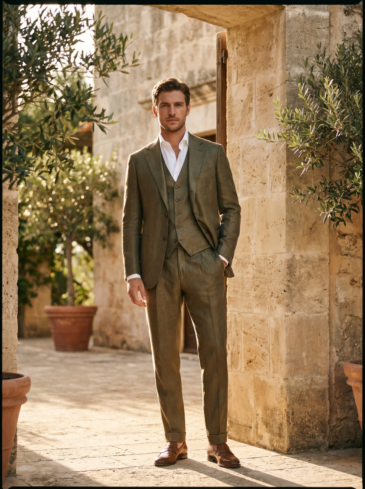 Olive Silk Blend 3-Piece Suit — Custom Made to Measure - front view