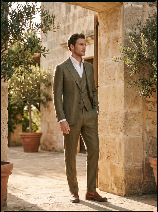 Olive Silk Blend 3-Piece Suit — Custom Made to Measure - side view