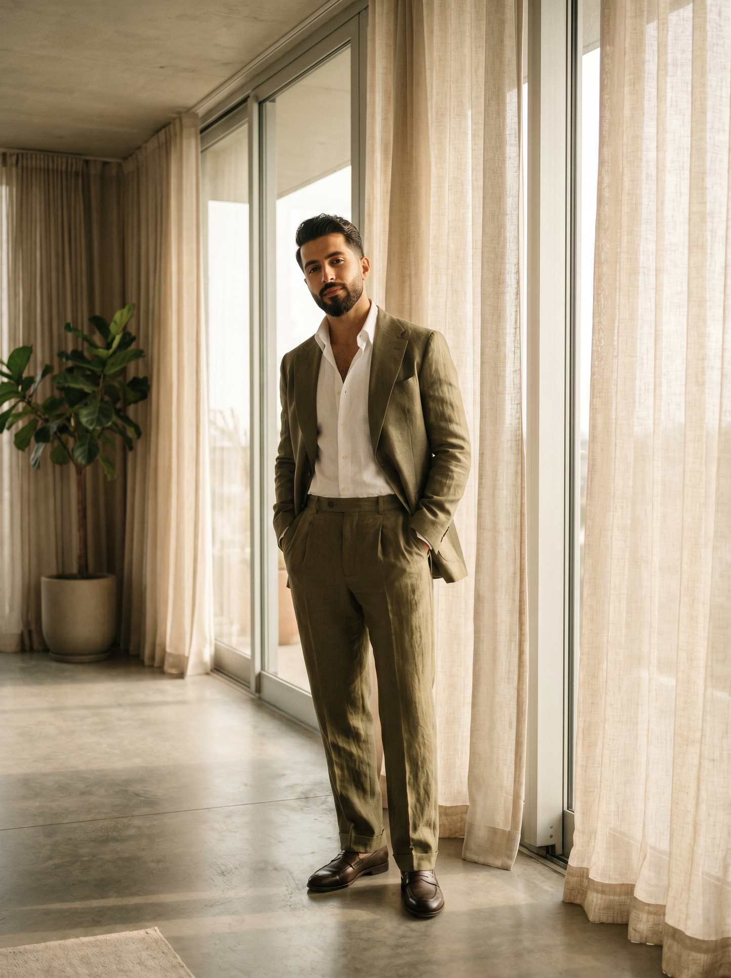 Olive Silk Blend Suit — Custom Made to Measure - front view