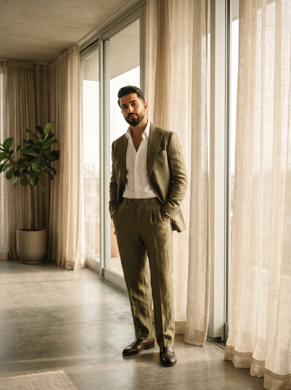 Olive Silk Blend Suit — Custom Made to Measure - front view