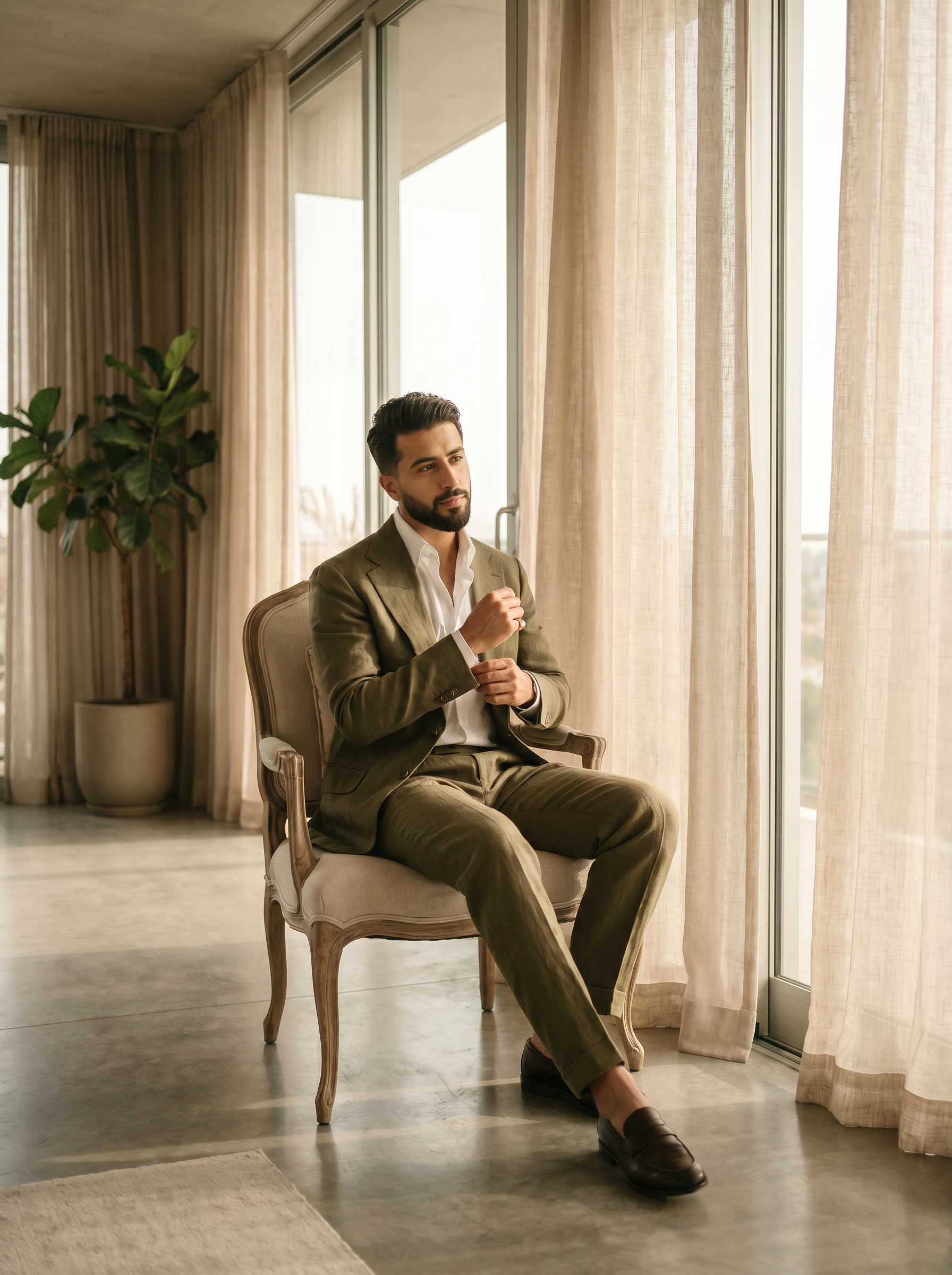Olive Silk Blend Suit — Custom Made to Measure - seated view