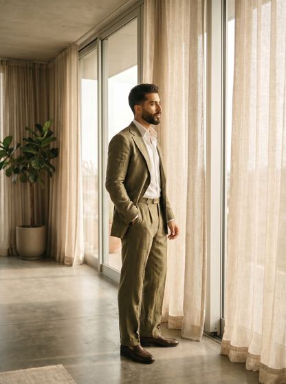 Olive Silk Blend Suit — Custom Made to Measure - side view