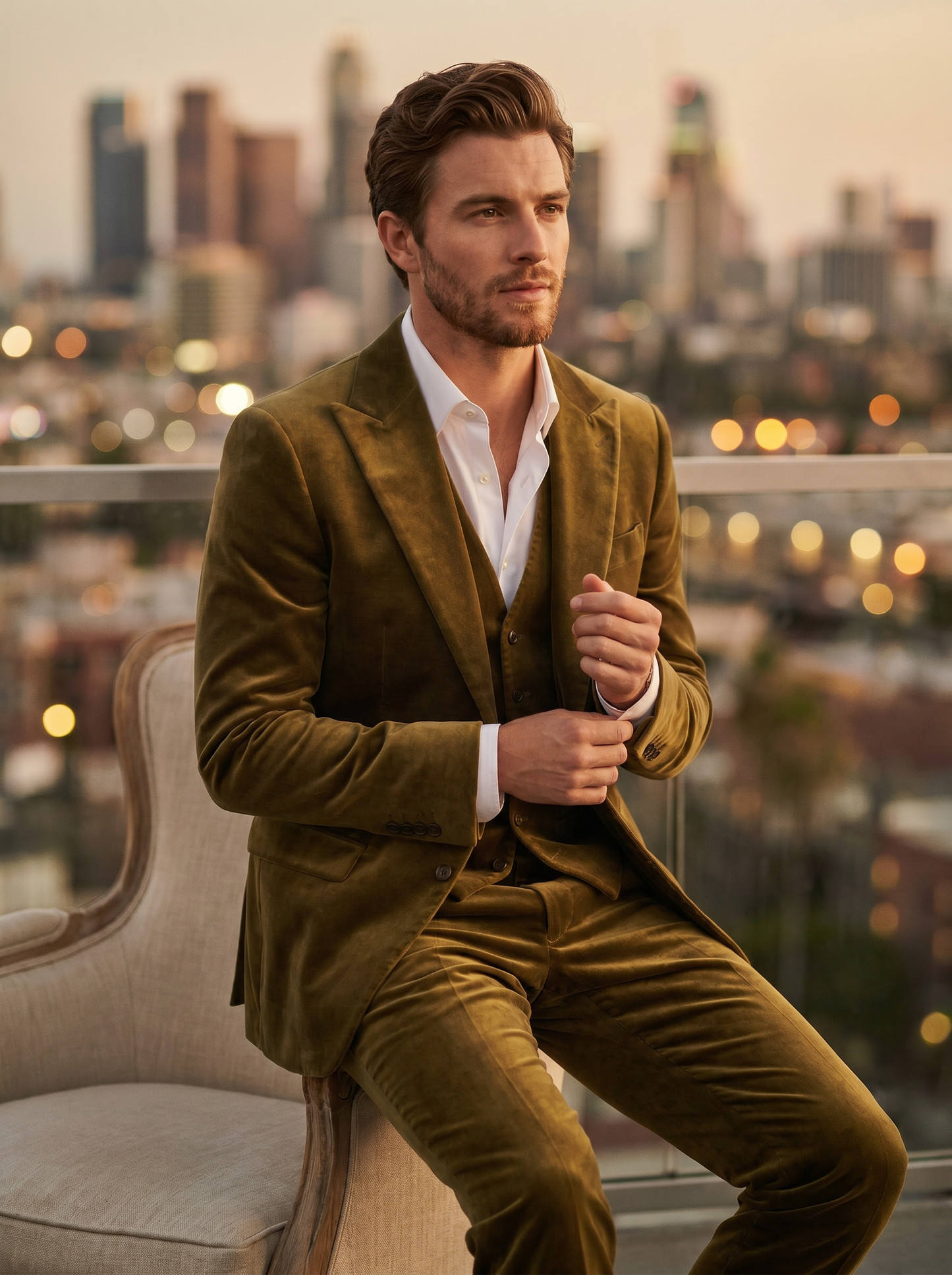 Olive Velvet 3-Piece Suit — Custom Made to Measure - seated view