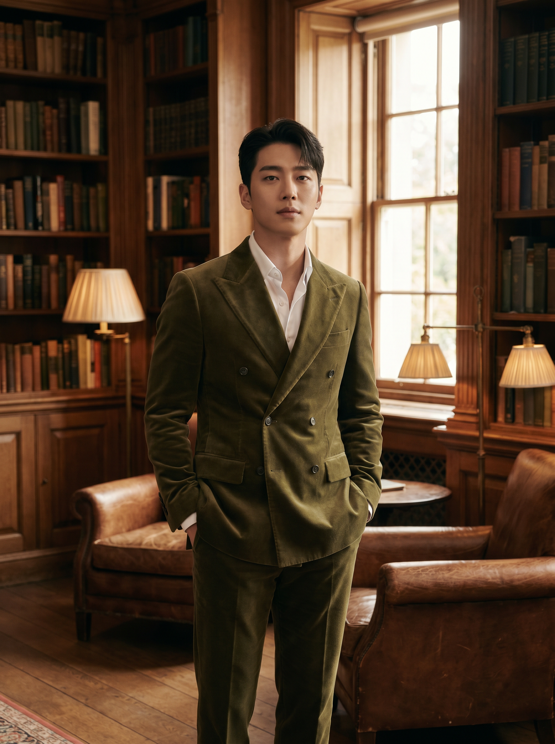 Olive Velvet Double Breasted Suit — Custom Made to Measure - front view