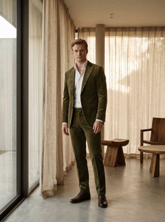 Olive Velvet Groomsmen Suit — Custom Made to Measure - front view