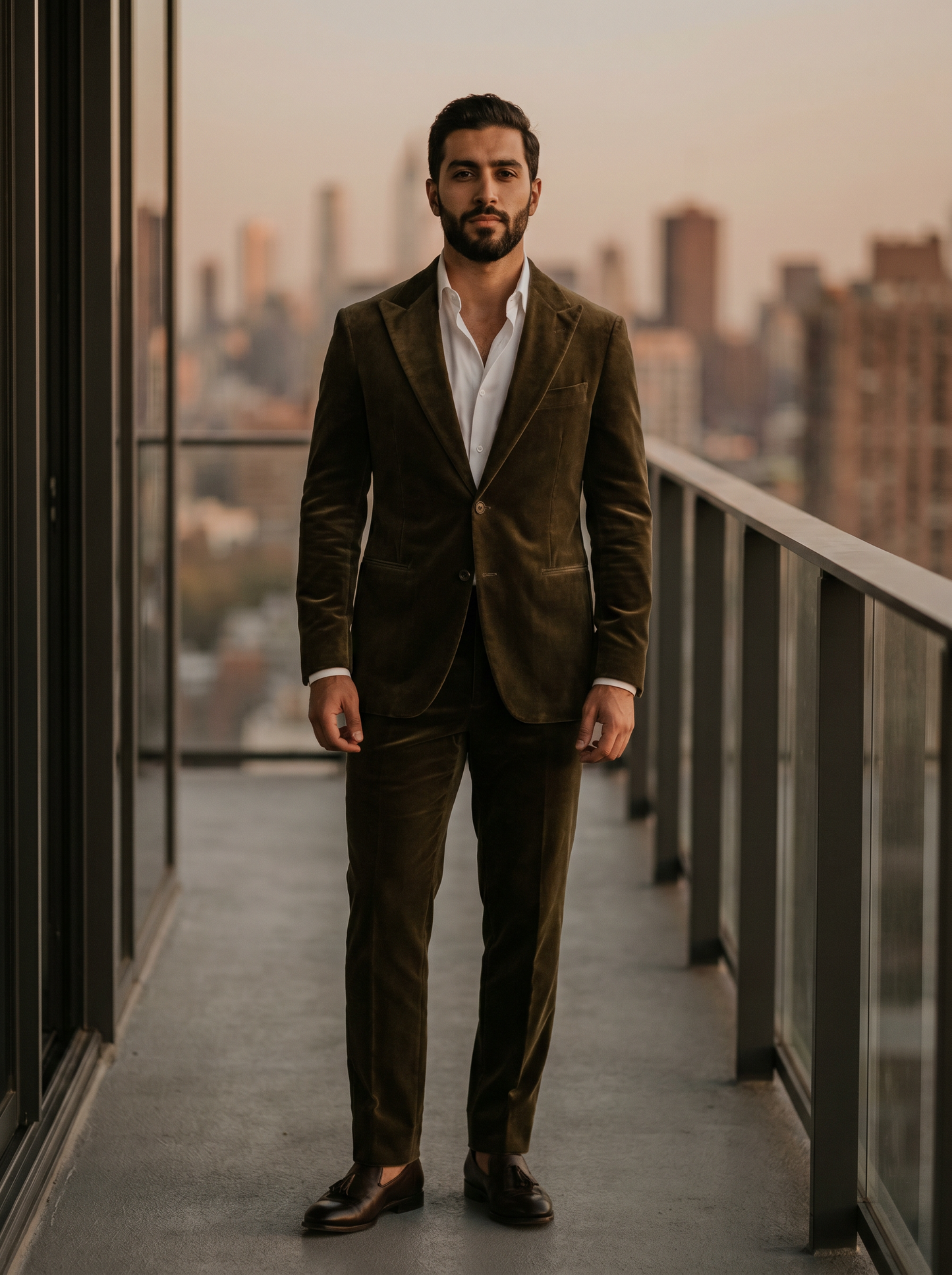 Olive Velvet Suit — Custom Made to Measure - front view