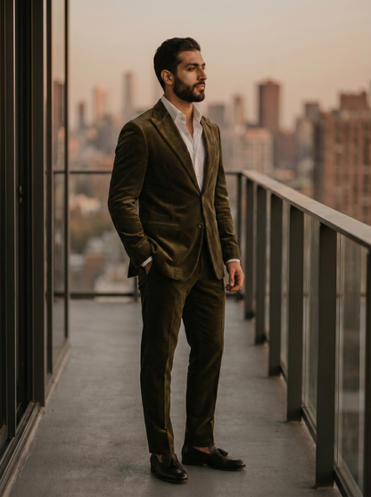 Olive Velvet Suit — Custom Made to Measure - side view
