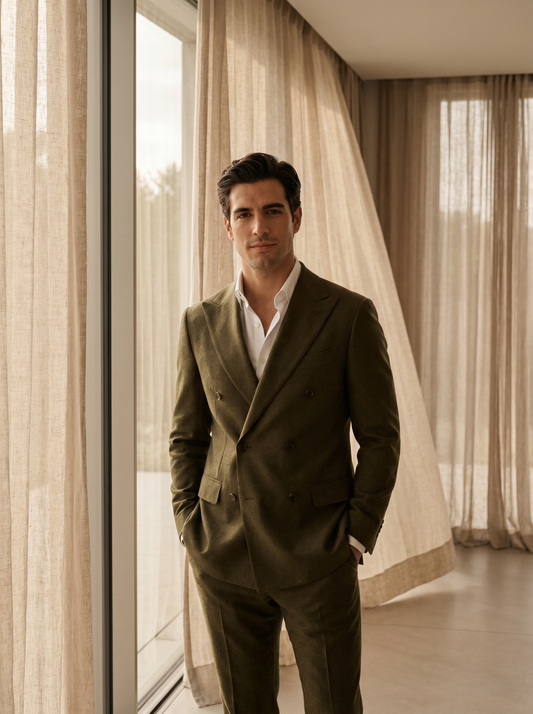 Olive Wool Double Breasted Suit — Custom Made to Measure - front view