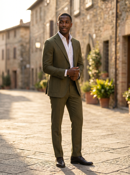 Olive Wool Groomsmen Suit — Custom Made to Measure - front view