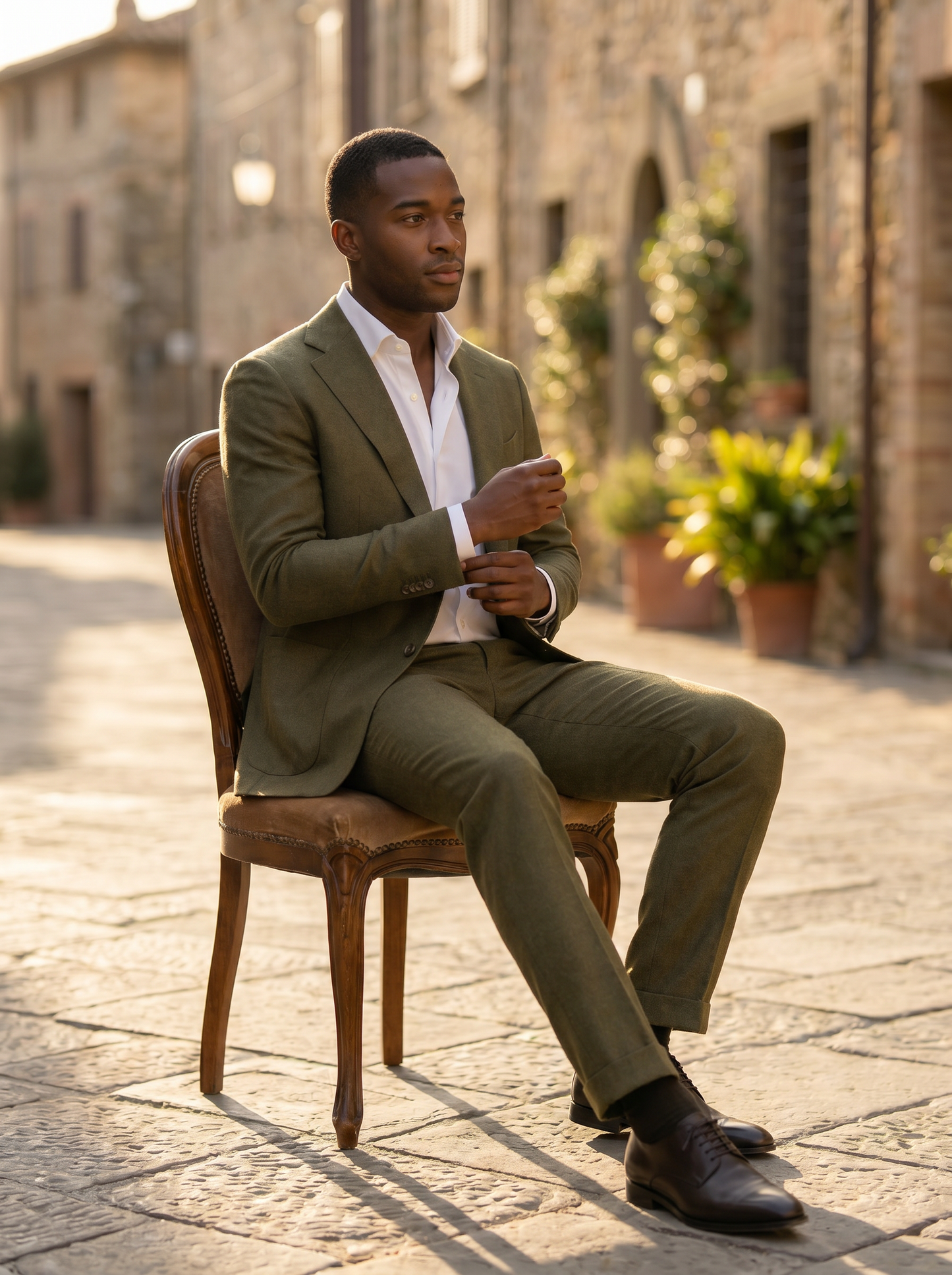 Olive Wool Groomsmen Suit — Custom Made to Measure - seated view