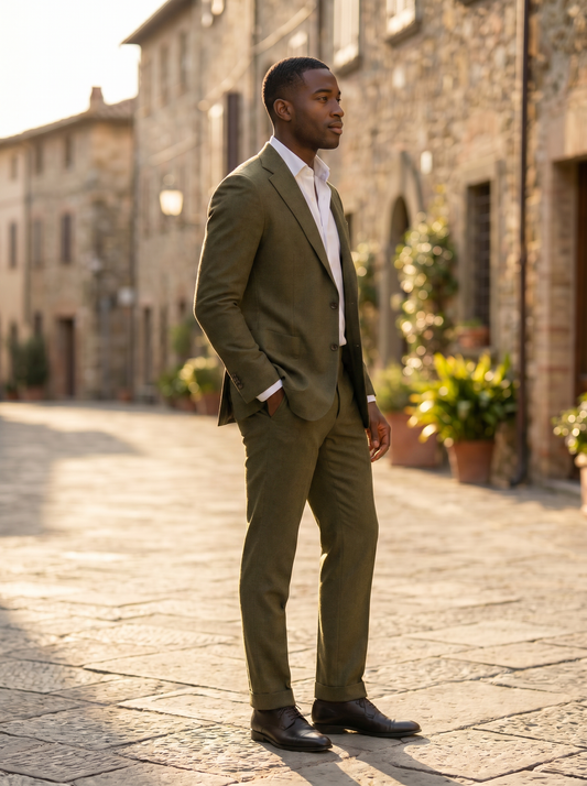 Olive Wool Groomsmen Suit — Custom Made to Measure - side view