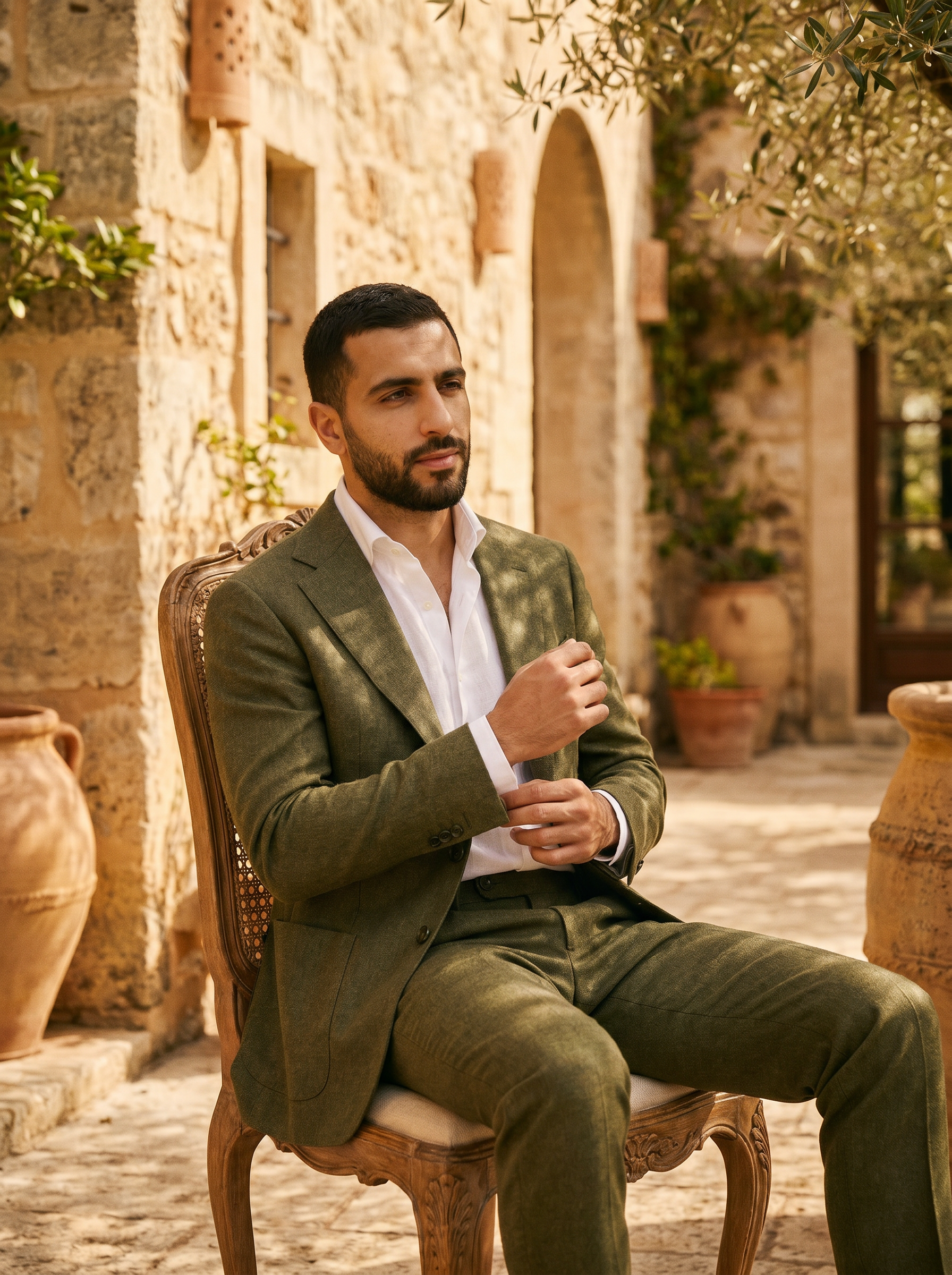 Olive Wool Suit — Custom Made to Measure - seated view
