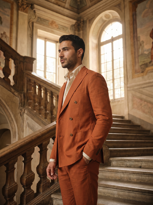 Orange Cotton Double Breasted Suit — Custom Made to Measure - side view