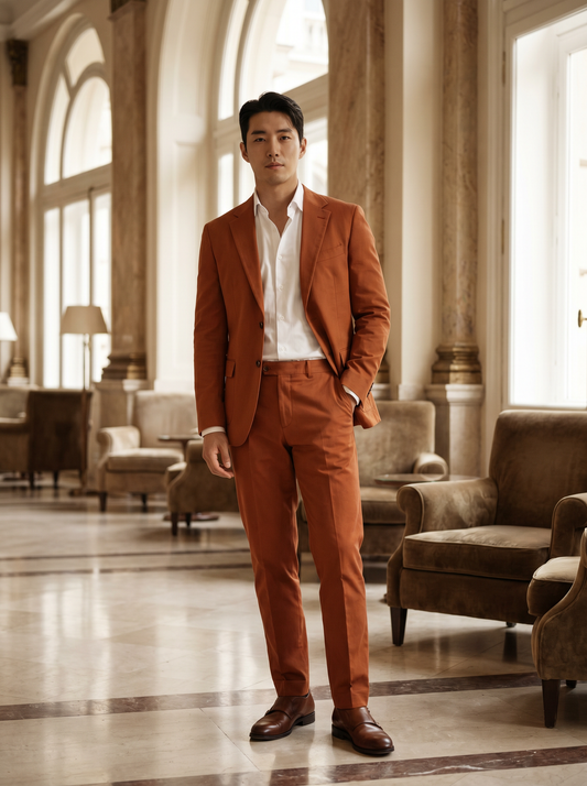 Orange Cotton Groomsmen Suit — Custom Made to Measure - front view