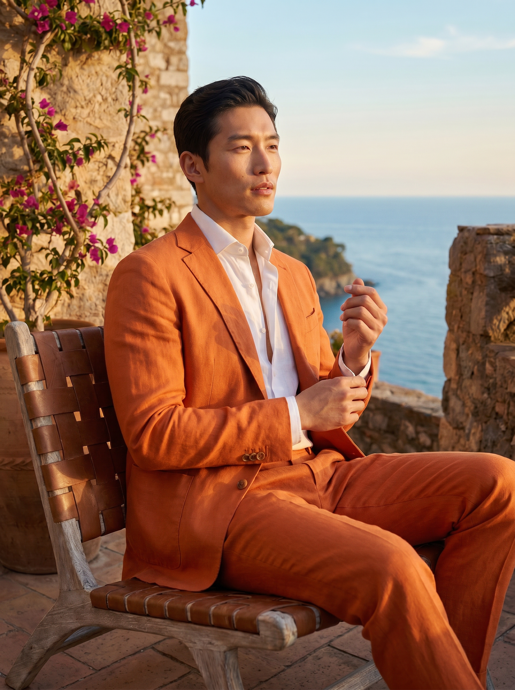 Orange Cotton Suit — Custom Made to Measure - seated view