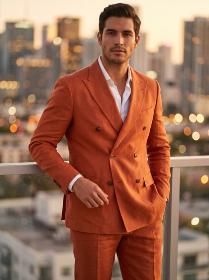Orange Linen Double Breasted Suit — Custom Made to Measure - front view