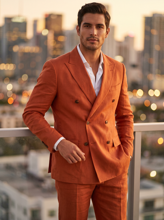 Orange Linen Double Breasted Suit — Custom Made to Measure - front view
