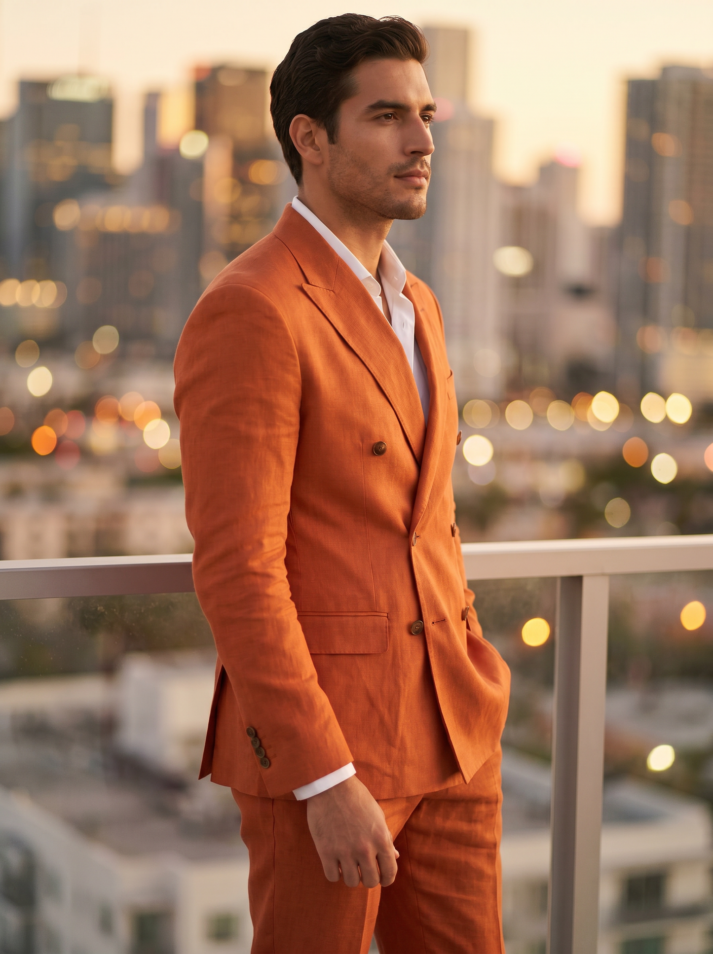 Orange Linen Double Breasted Suit — Custom Made to Measure - side view