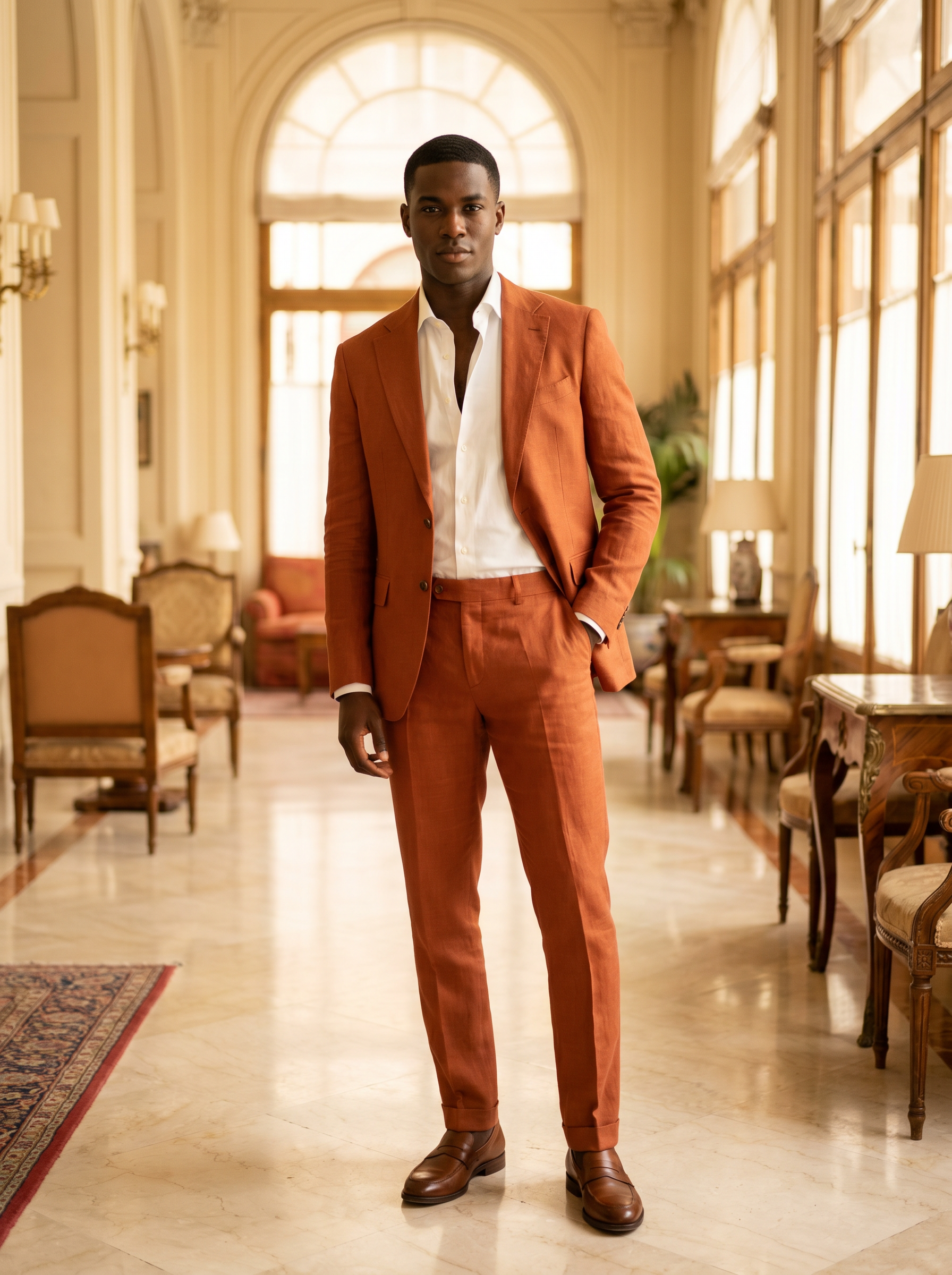 Orange Linen Groomsmen Suit — Custom Made to Measure - front view