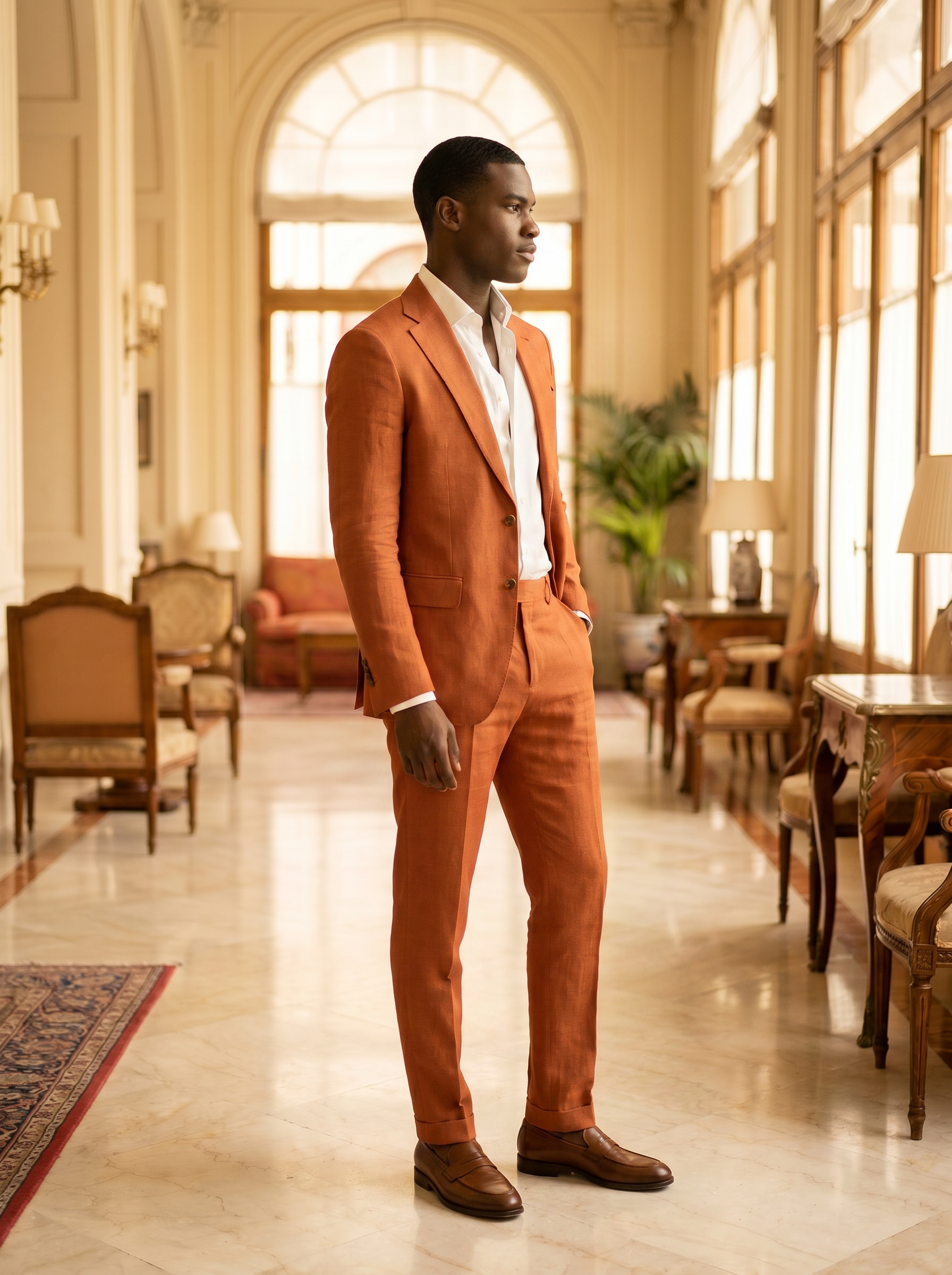 Orange Linen Groomsmen Suit — Custom Made to Measure - side view