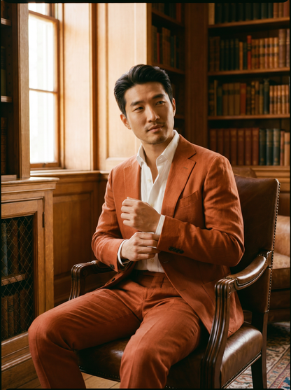 Orange Linen Suit — Custom Made to Measure - seated view