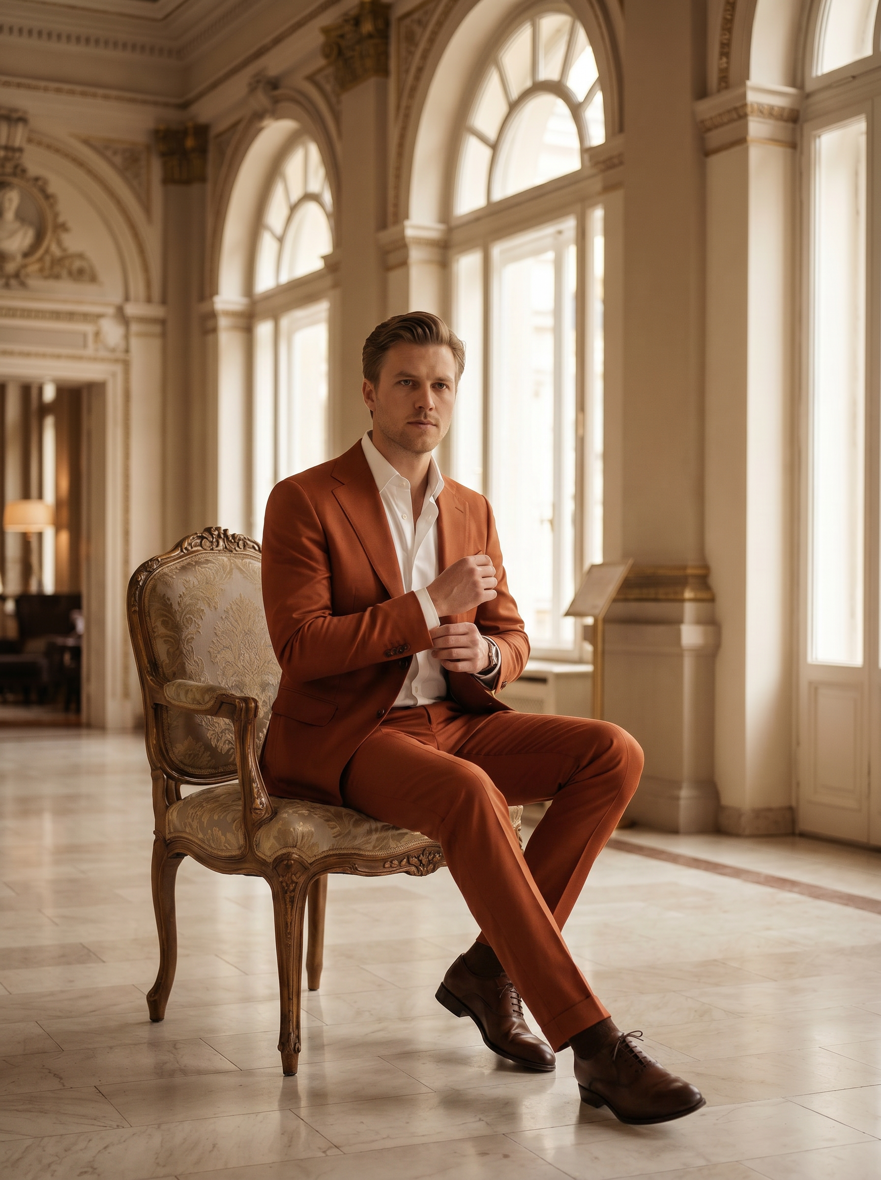 Orange Silk Blend Suit — Custom Made to Measure - seated view