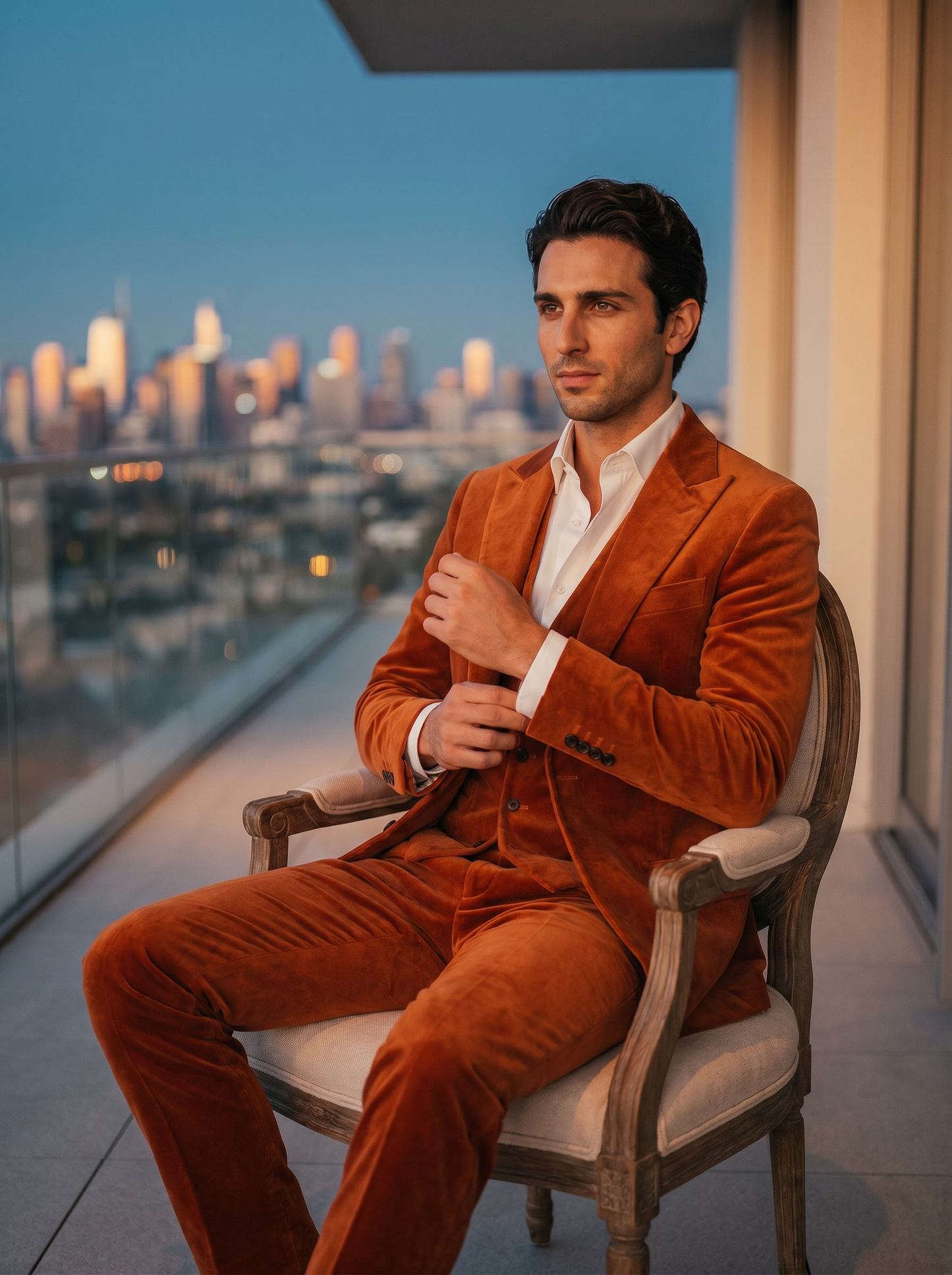 Orange Velvet 3-Piece Suit — Custom Made to Measure - seated view